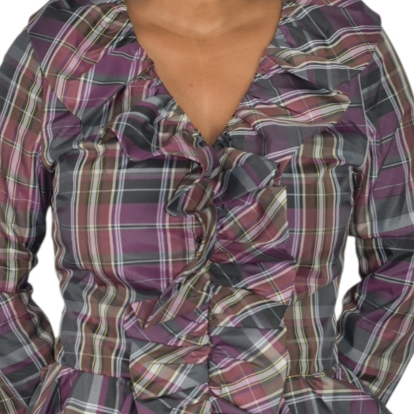 Boston Proper Peplum Ruffle Blouse Purple Plaid Tartan Shirt Check Top Small - Picture 4 of 12